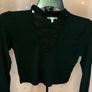 Charlotte Russe Black V-Neck Lace-Up Long Sleeve Crop Top
